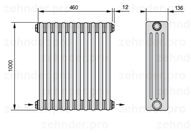 Схема (чертеж) Радиатор Zehnder Charleston 4100/10 №2670 Белый глянцевый RAL 9016